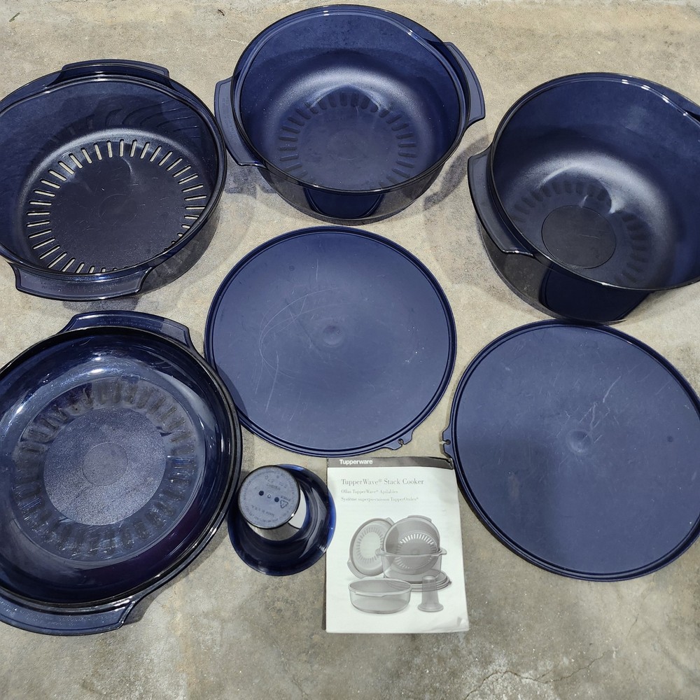 Tupperware Tupperwave Stack Cooker System 7 Piece Microwave Cooking Blue 3L EUC