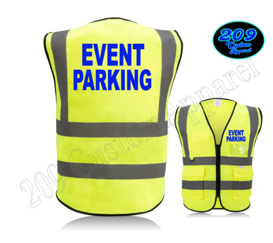 EVENT PARKING HI-VIS VEST REFLECTIVE 2" STRIPS POCKETS & ZIPPER SOLID POLYESTER