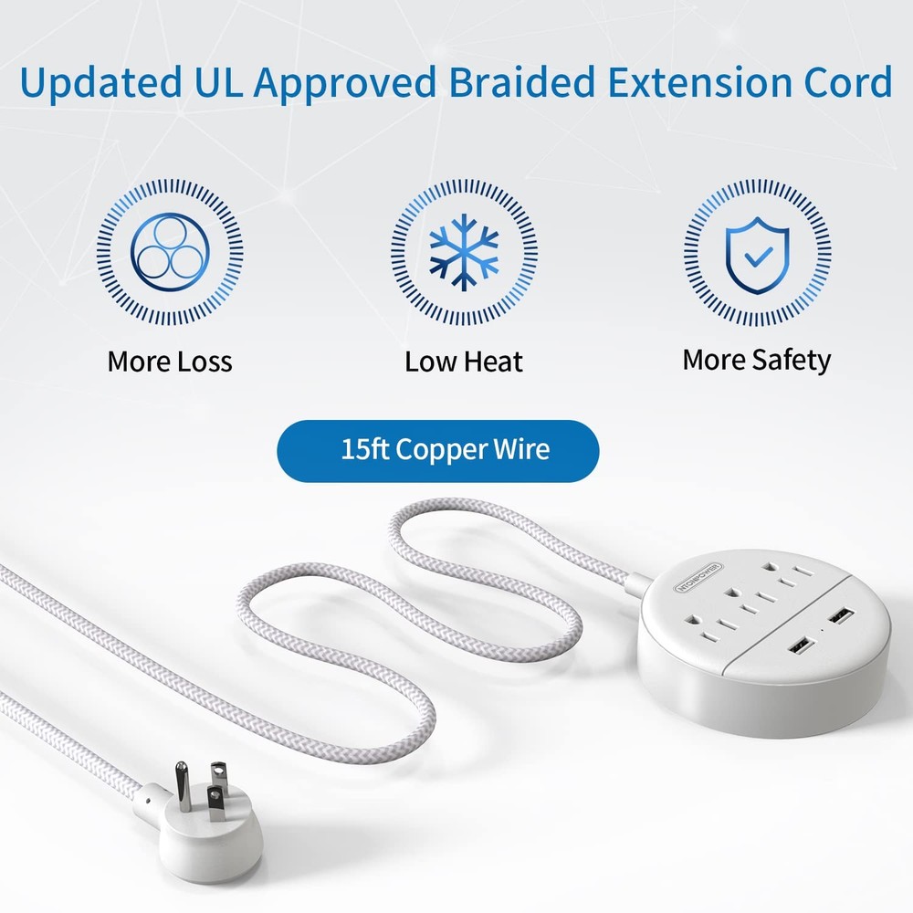 Braided Extension Cord 15 ft, Flat Plug Power Strip with USB, Compact Nightst...