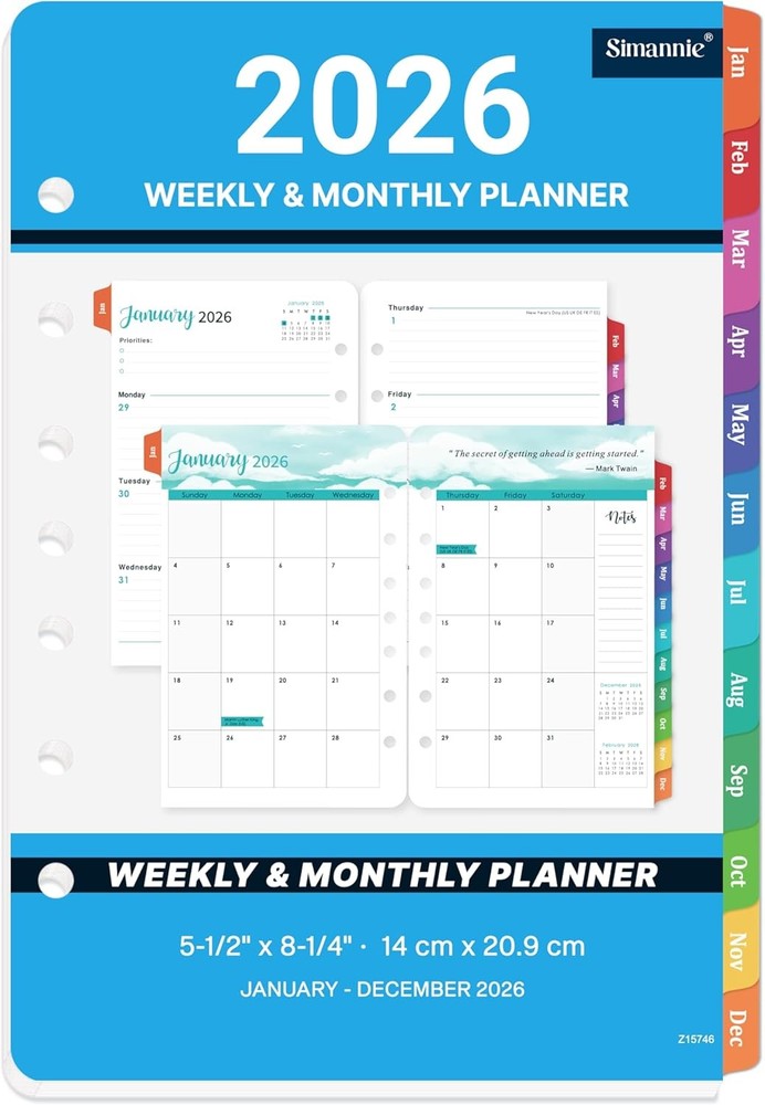 2026 Planner Refills - A5 Inserts with 7-Hole Punched, JAN 2026 Blue