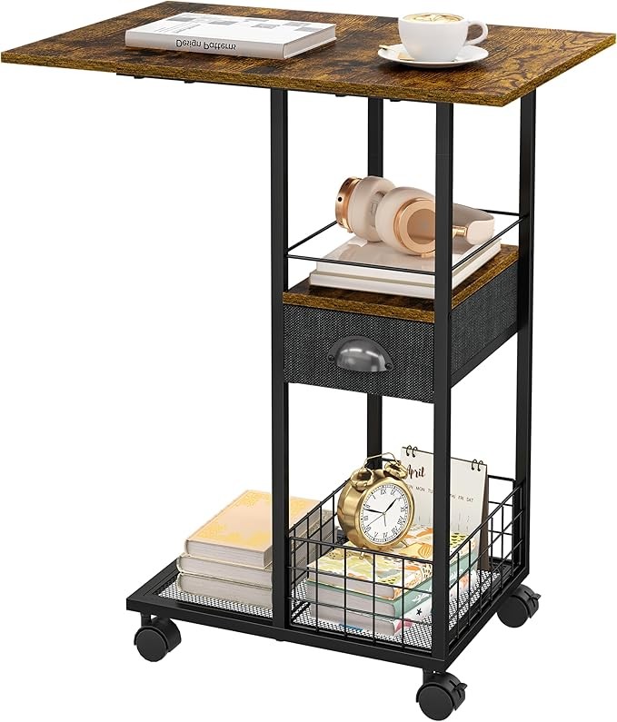 Rolling C-Shaped Side Table with Wheels and Oversized Wood Top, Mobile Overbed