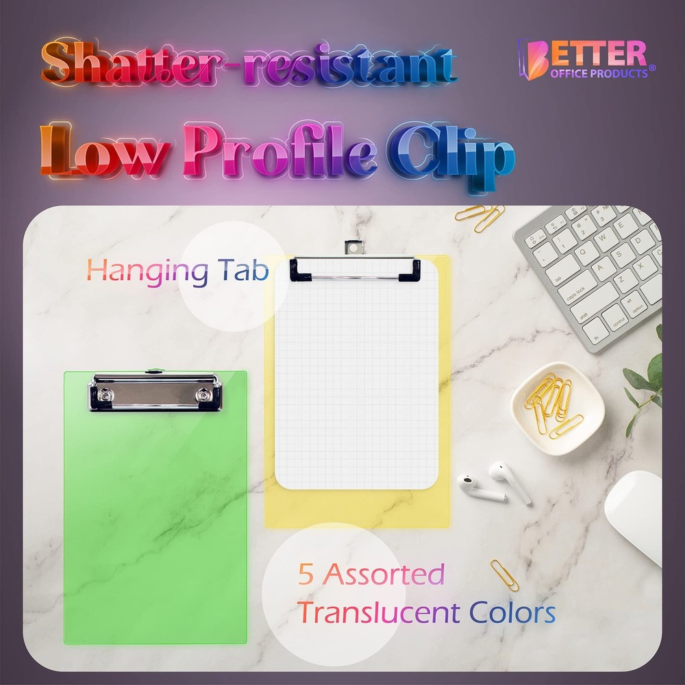 Mini Clipboards (6 Pack), Plastic, Low Profile Clips, Assorted Translucent Co...