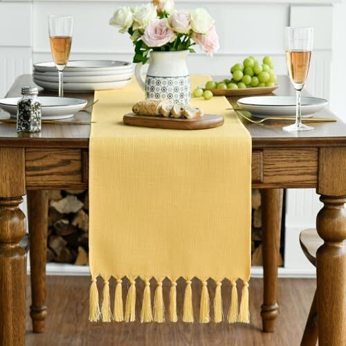 Tassel Table Runner, Summer Linen Blend Rustic 13" x 72", Table Runner Yellow