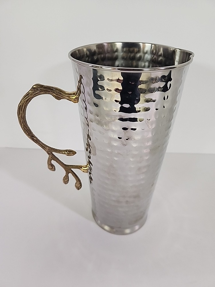 Hammered Stainless Steel Pitcher Brass Twig Leaf Handle - 9.5"H