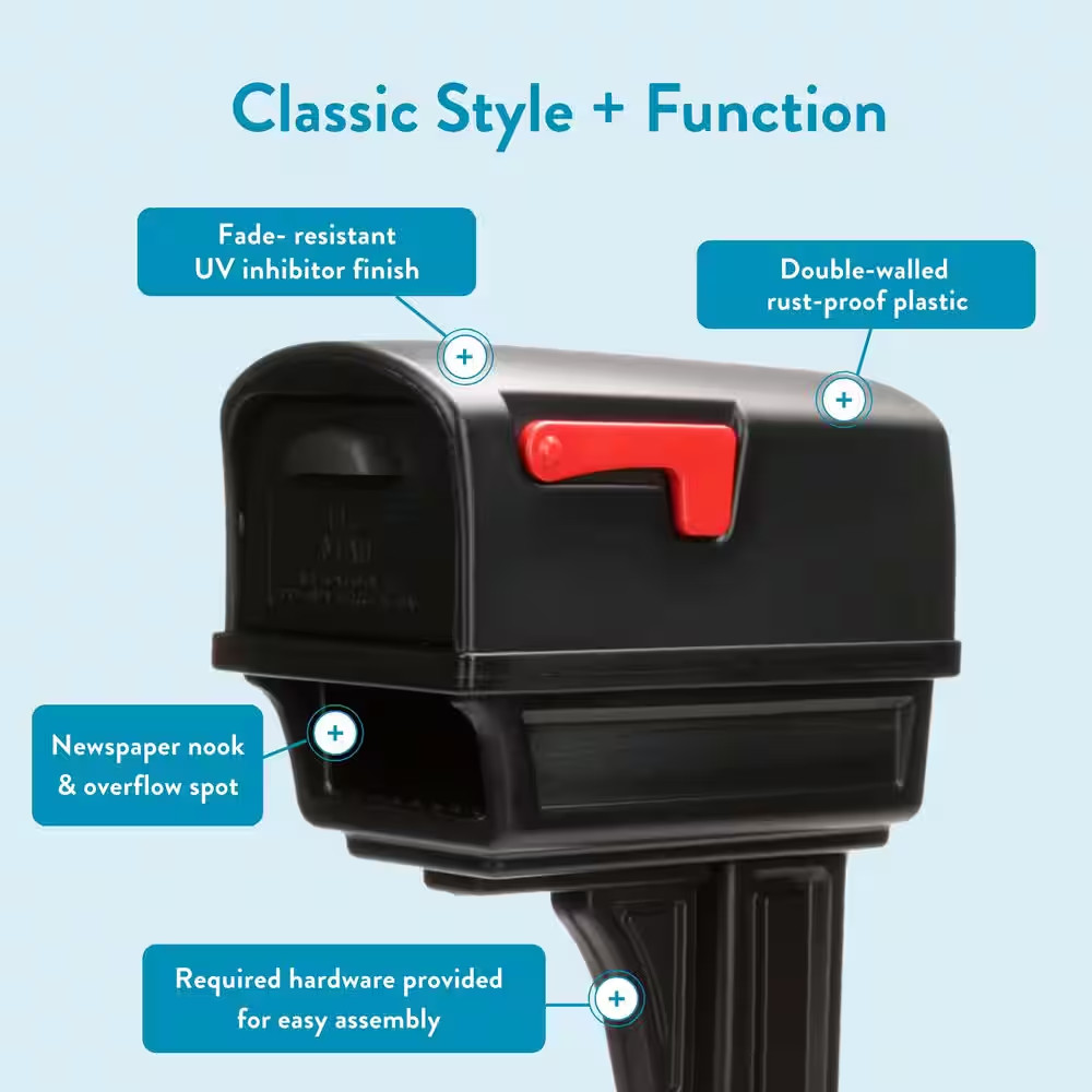 Gentry Black, Medium, Plastic, All-In-One Mailbox and Post Combo