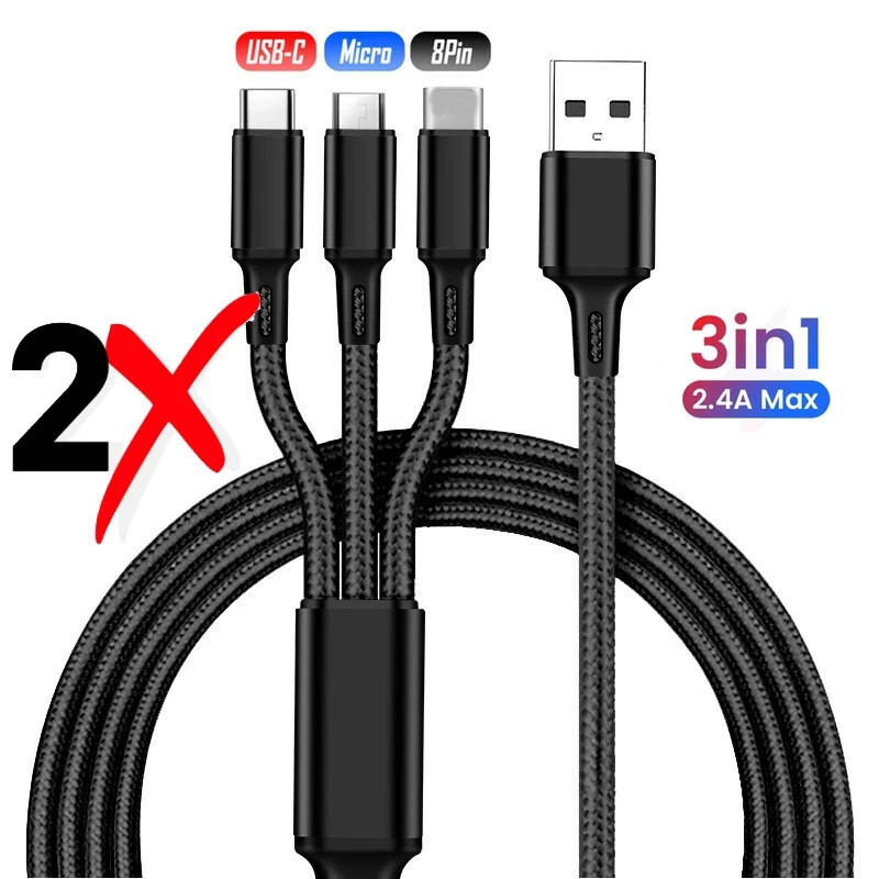 2 Pack 3 in 1 USB Charging Universal Multi Function Cell Phone Charger Cord