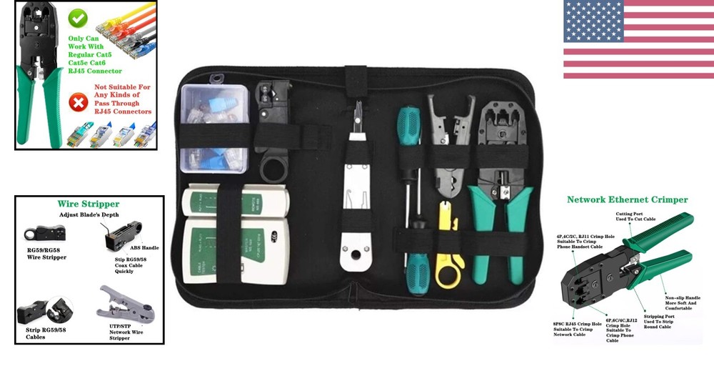 Multi-Functional Ethernet Crimping Kit: 11 Tools for Cat5e & Cat6 Cables