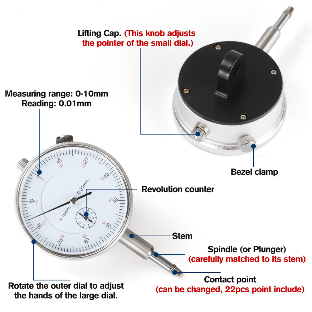 Precision Dial Indicator with Magnetic Base Holder Fine Adjustable Long 0.01"