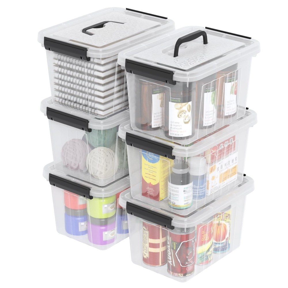 6 Quart Clear Small Storage Boxes with Handles, Plastic Storage Latching Bins...