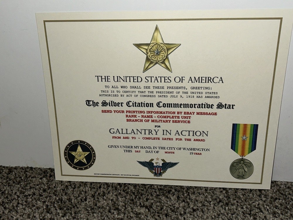 WW1 - SILVER CITATION COMMEMORATIVE CERTIFICATE ~ CUSTOM PRINTING T-1