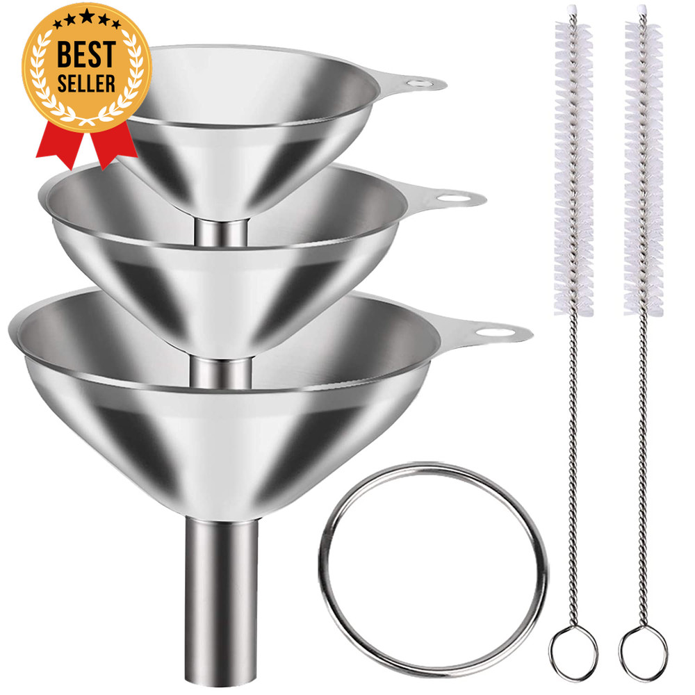 3PCS Stainless Steel Funnel Set Large Medium Small with Brushes for Kitchen Bott
