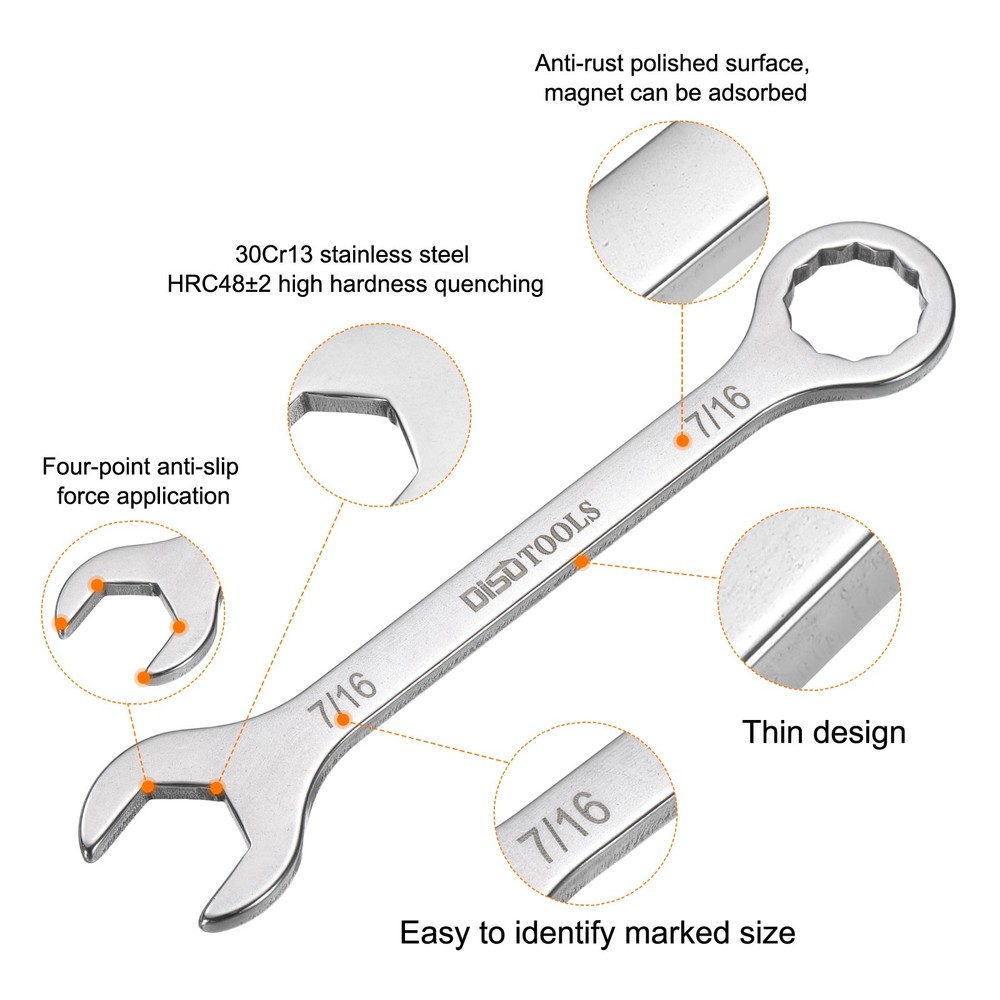 2pcs Thin Combination Wrench 7/16" with 6-Point Ended & 15° Angled Open End