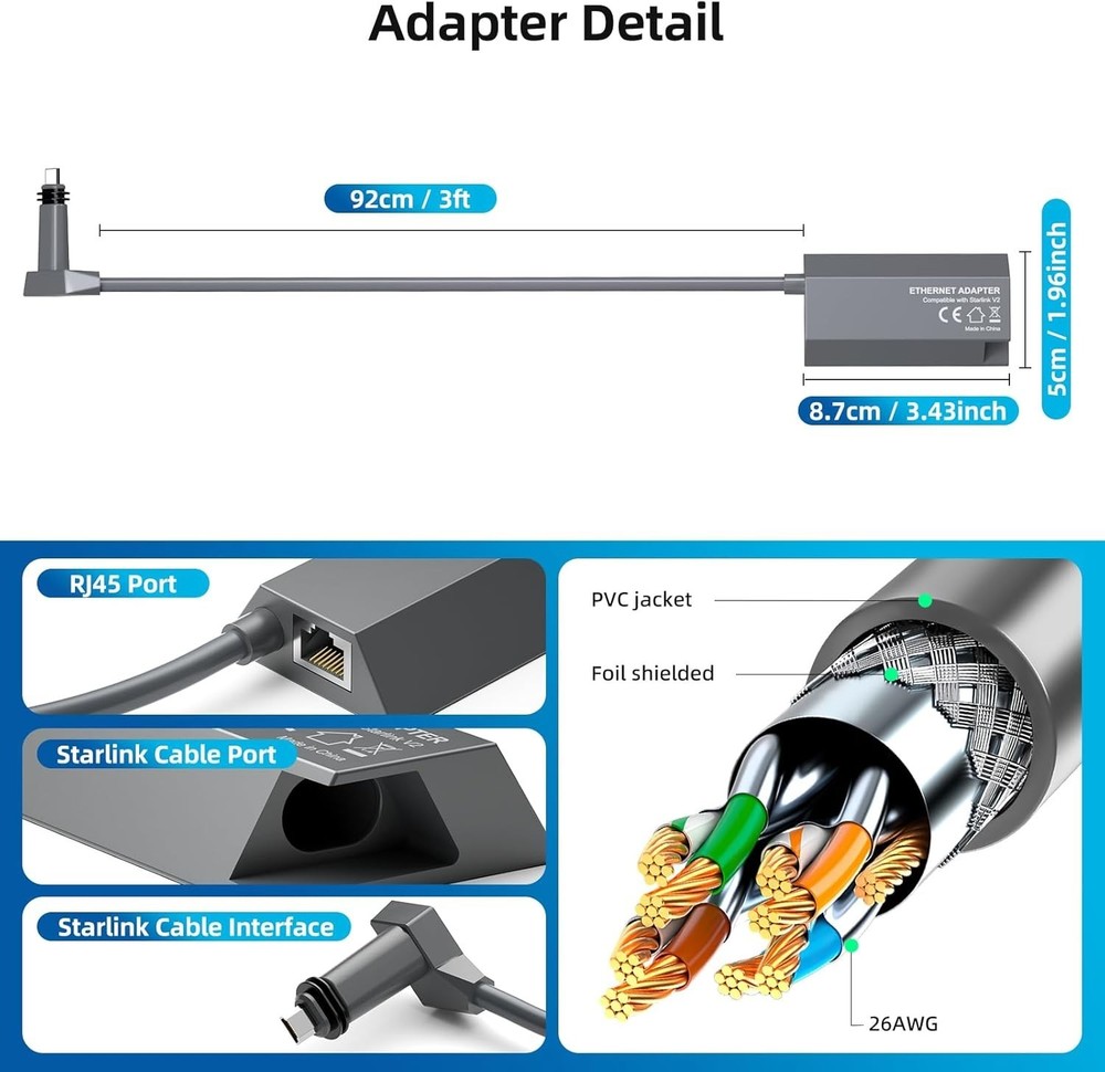 Starlink Ethernet Adapter for Rectangular Satellite Internet V2 Starlink Adapter