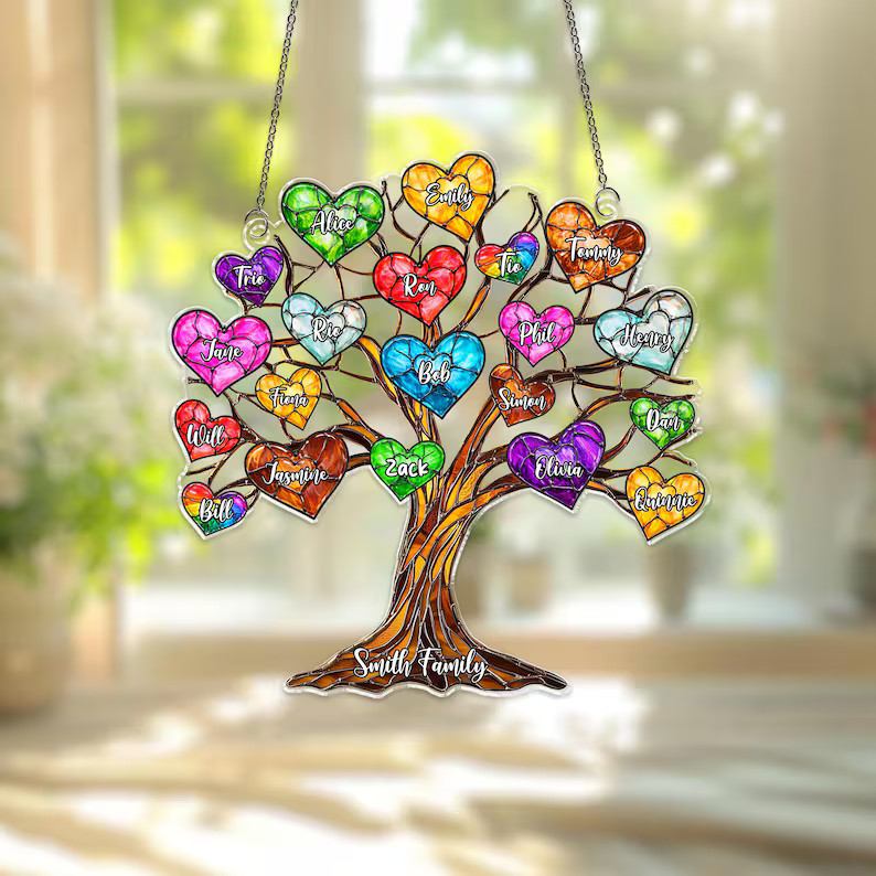 Personalized Family Tree Heart Suncatcher Acrylic Window Decor Gift