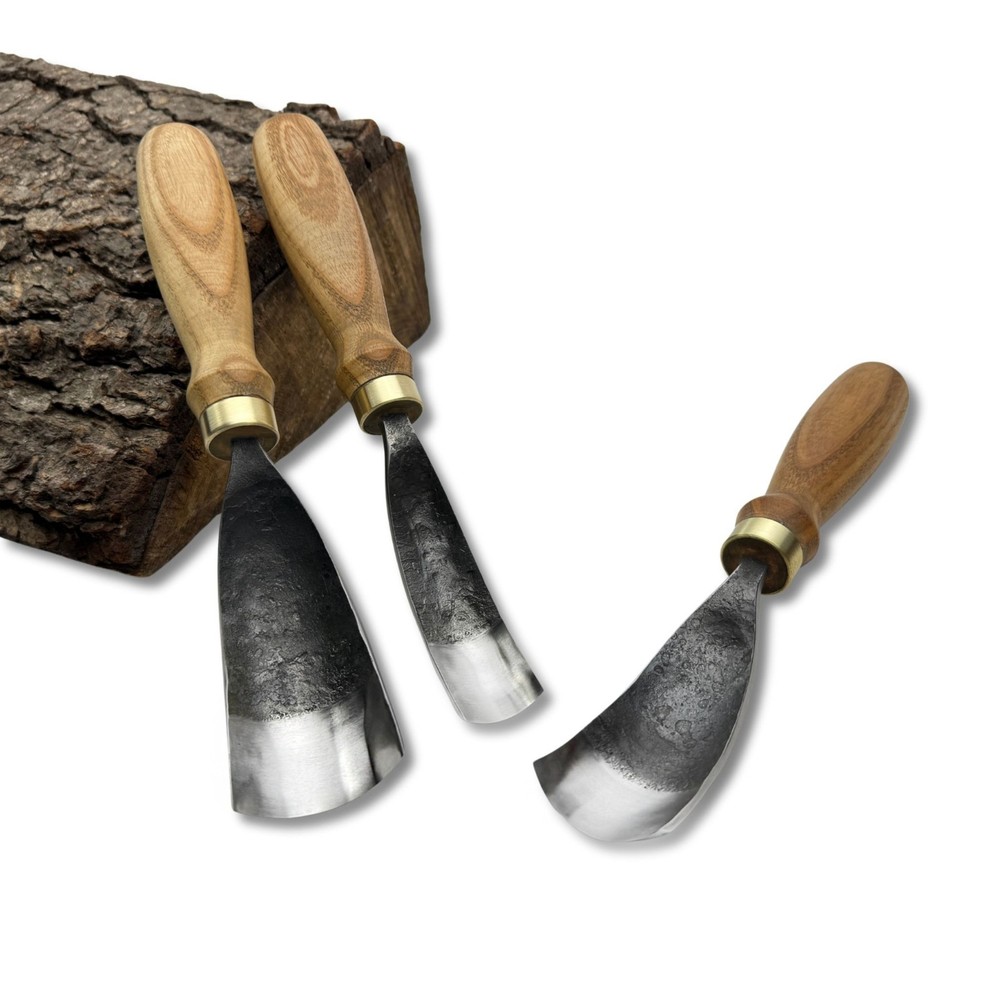Hand-Forged Bent Gouges – 52100 Steel Blade, Ash Handles, Spoon and Bowl Carving