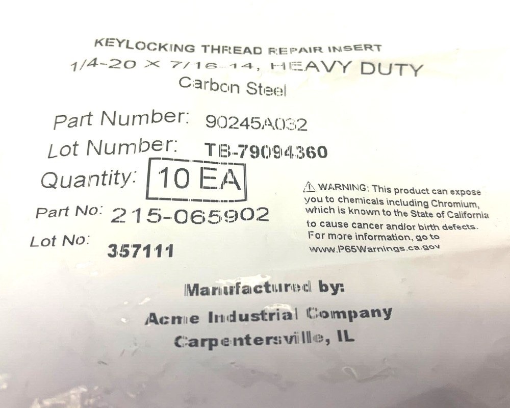 Acme 90245A032 Keylocking Thread Repair Insert PKG OF 10