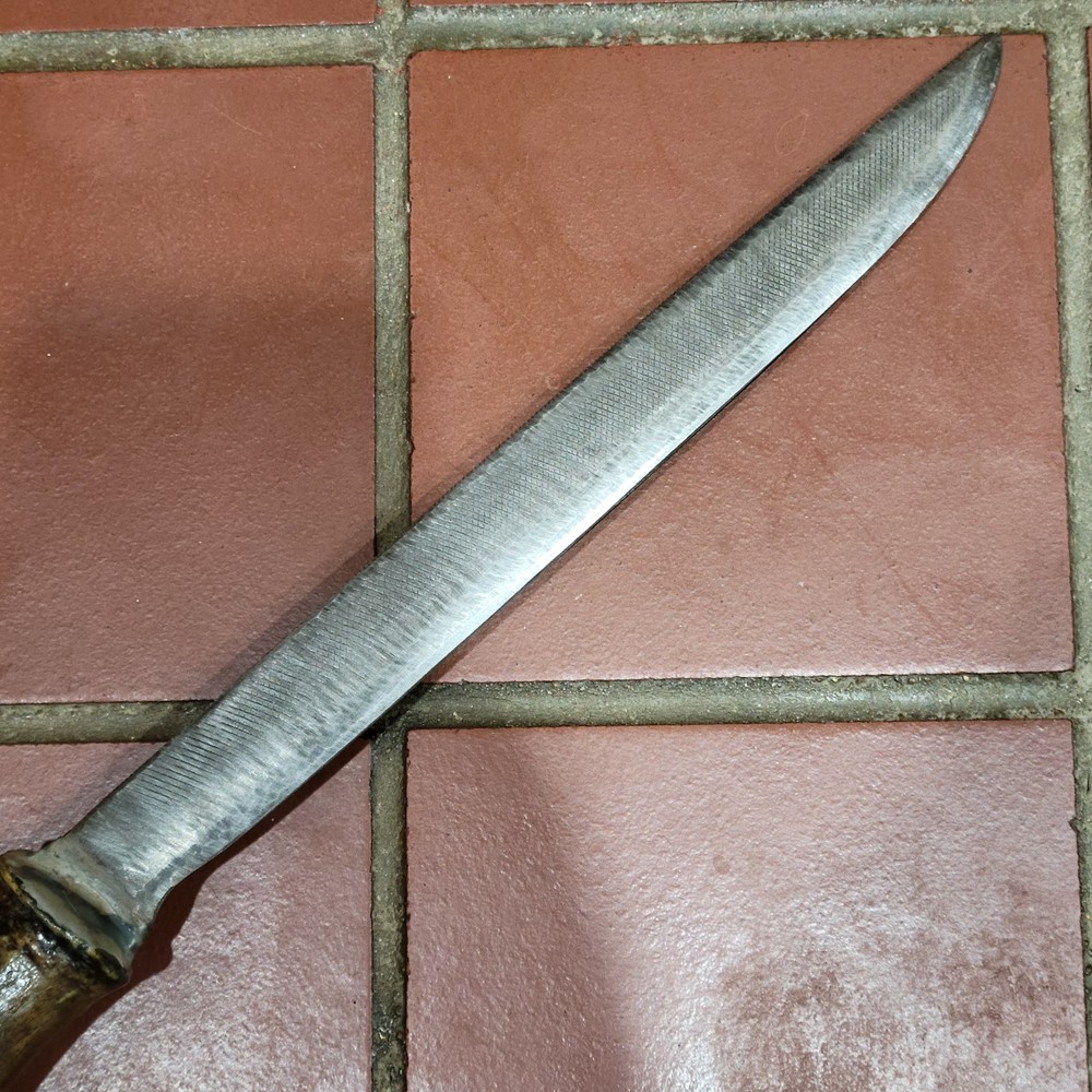 Vintage Hand Home Made Primitive Fixed Blade W/Sheath Antler Handle File Blade