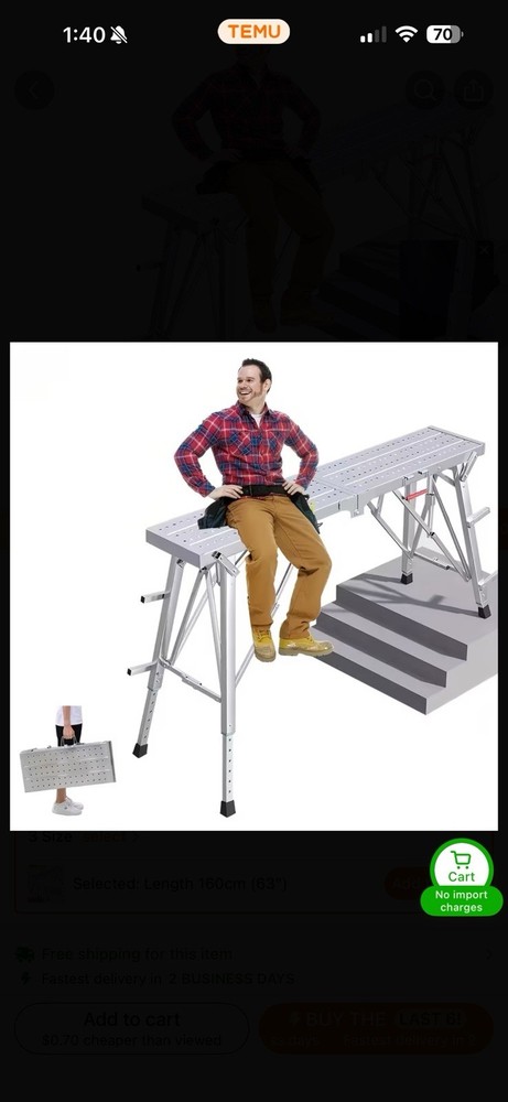 63” Portable Folding Scaffolding PlatformWork Bench Scaffold -Adjustable Height