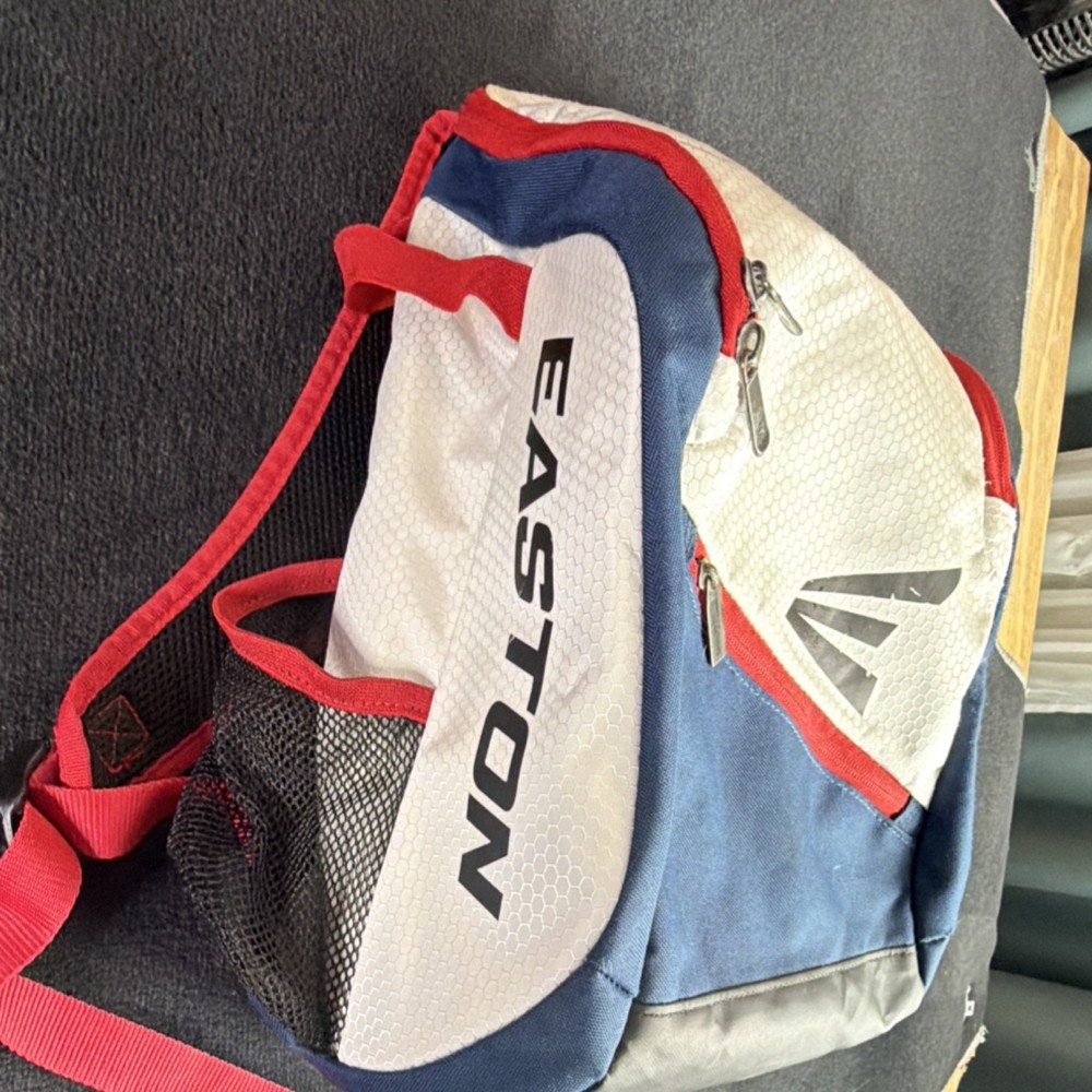 Easton Baseball Backpack White Blue Red Bat Compartment Adjustable Strap