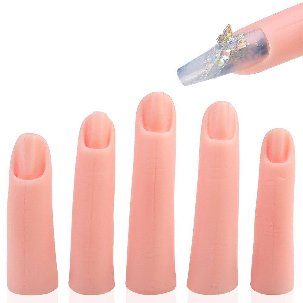 5 Pcs Practice Hand Fake Nails Kit, Silicone False Finger Pink
