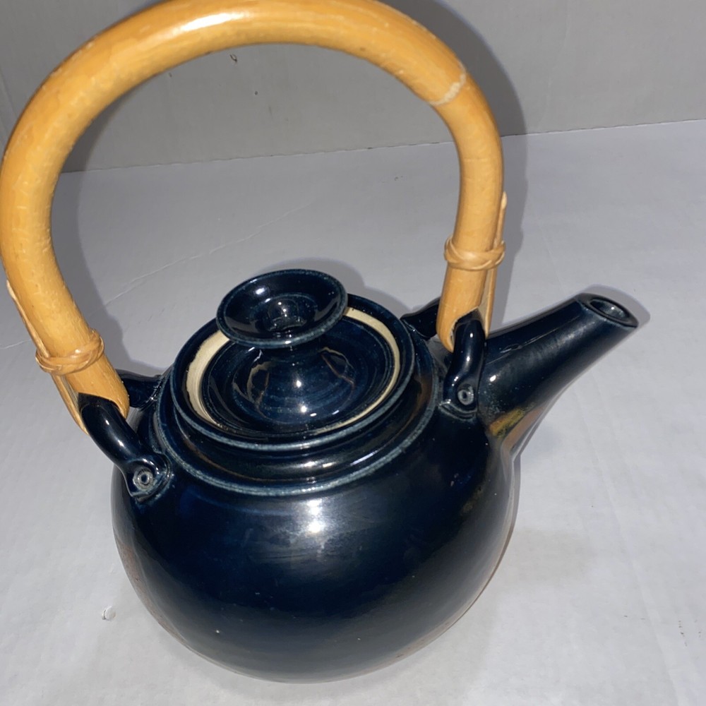 Teapot Signed Pottery Bamboo Handle Blue; Kitchen Decor