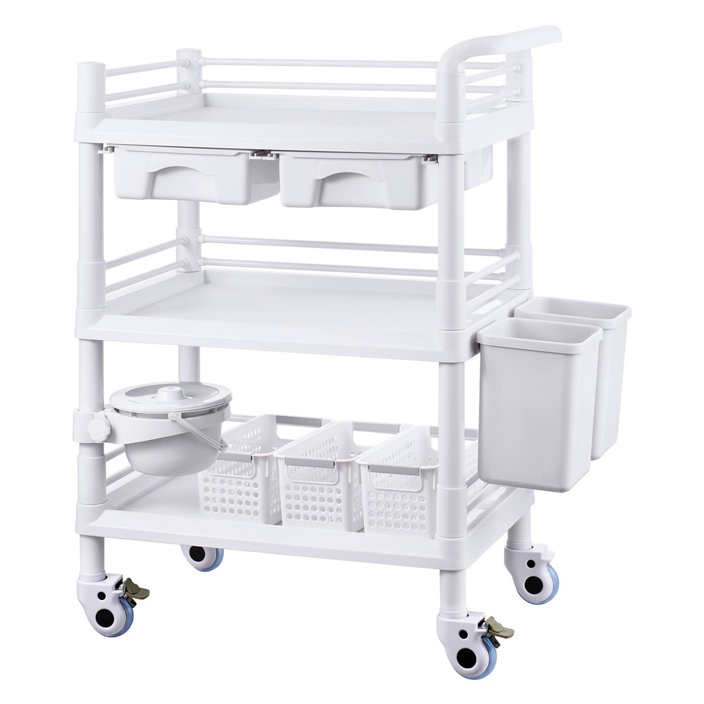 Rolling Lab Cart with 3 Trays & Trash Cans, Mobile Storage Trolley