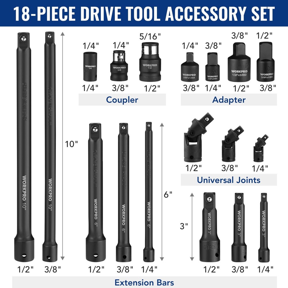 WORKPRO 18PCS 1/4", 3/8" & 1/2" DR Impact Socket Set Drive Tool Accessory Set US
