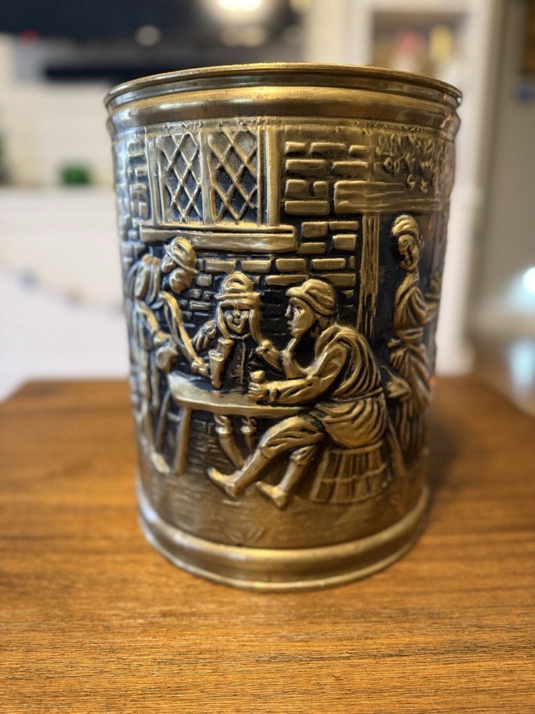 Vintage Peerage Embossed Hammered Brass Decorative Container With Tavern Scene