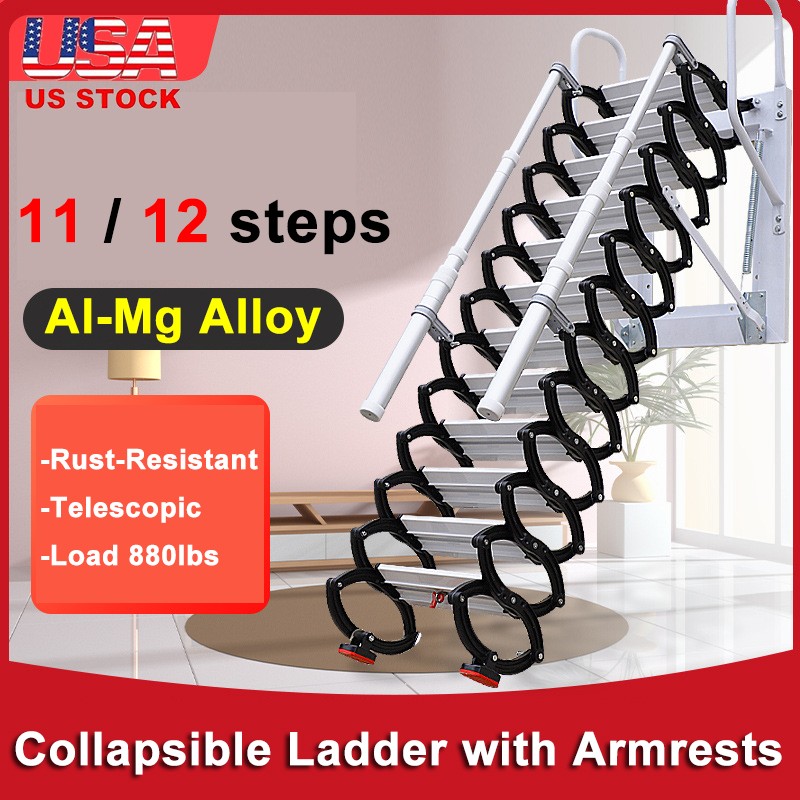 10ft Wall Mounted Folding Ladder Loft Stairs Attic Steps Pull Down + armrest