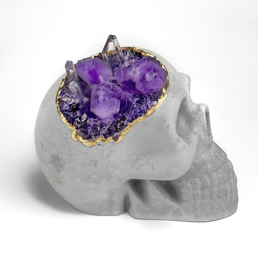 Amethyst Quartz Crystal Skull | Concrete Geode Decor Purple