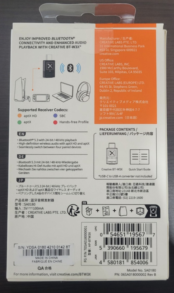 Creative BT-W3X Bluetooth 5.3 aptX HD Audio Transmitter PS5 Switch PC Mac