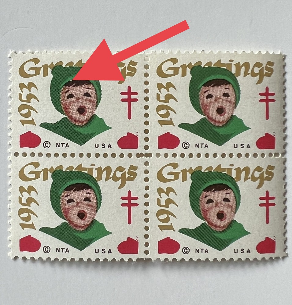 ERROR 1953 CHRISTMAS SEAL BLOCK STAMPS WITH WHITE DOT ON HEAD MNH