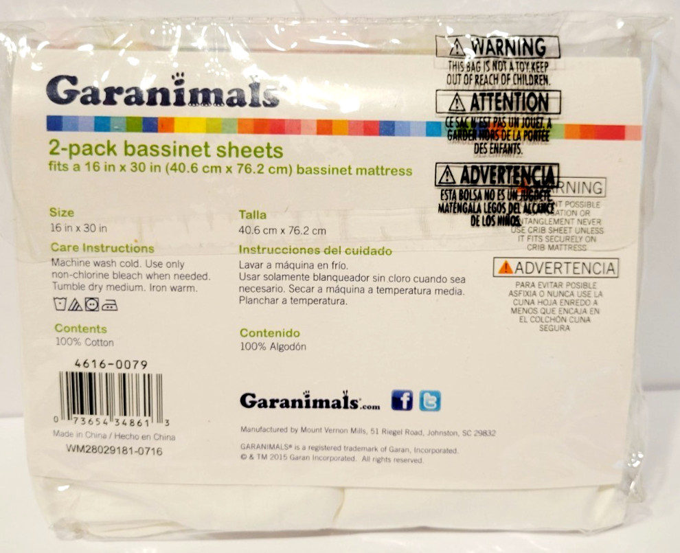 Garanimals 2 Pack Bassinet Crib Sheets New In Package, Solid White 16"x 30"