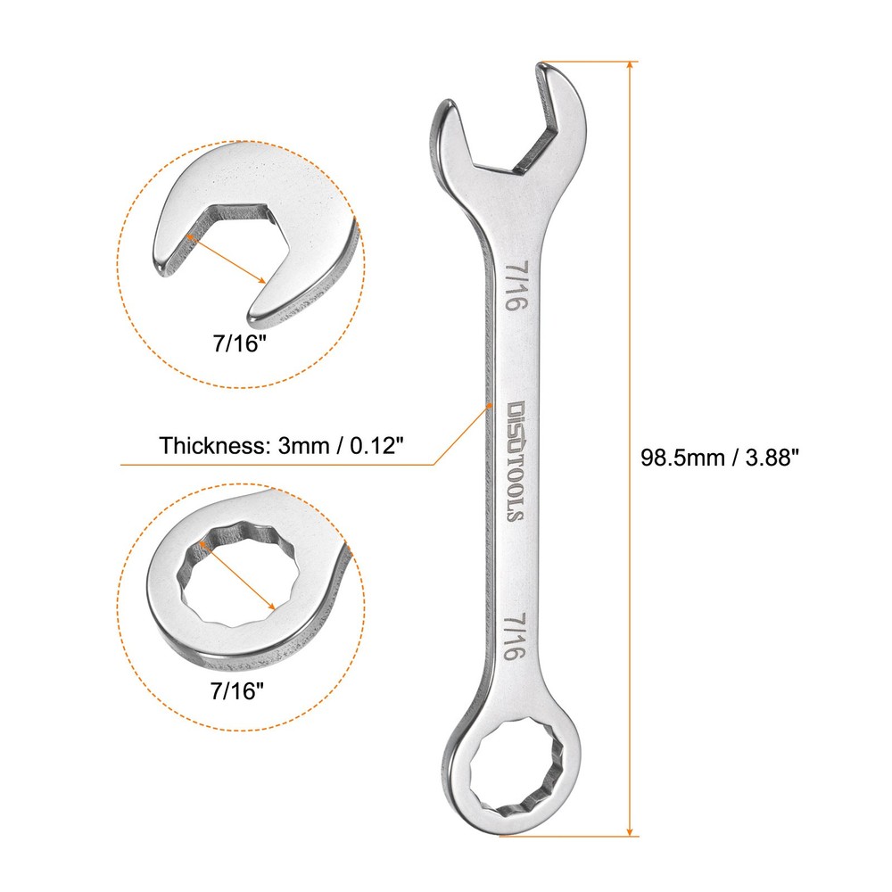 2pcs Thin Combination Wrench 7/16" with 6-Point Ended & 15° Angled Open End