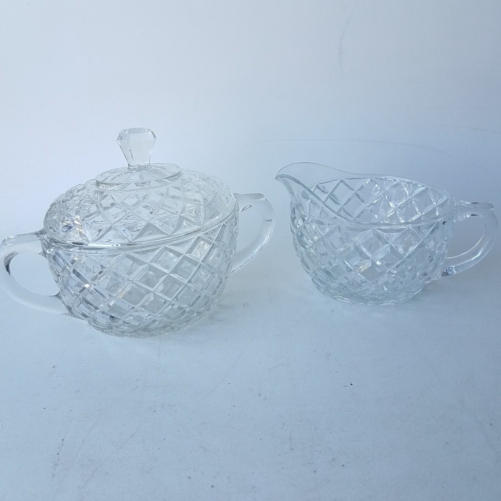 Cream and Sugar Set Diamond Pattern Clear Glass or Crystal