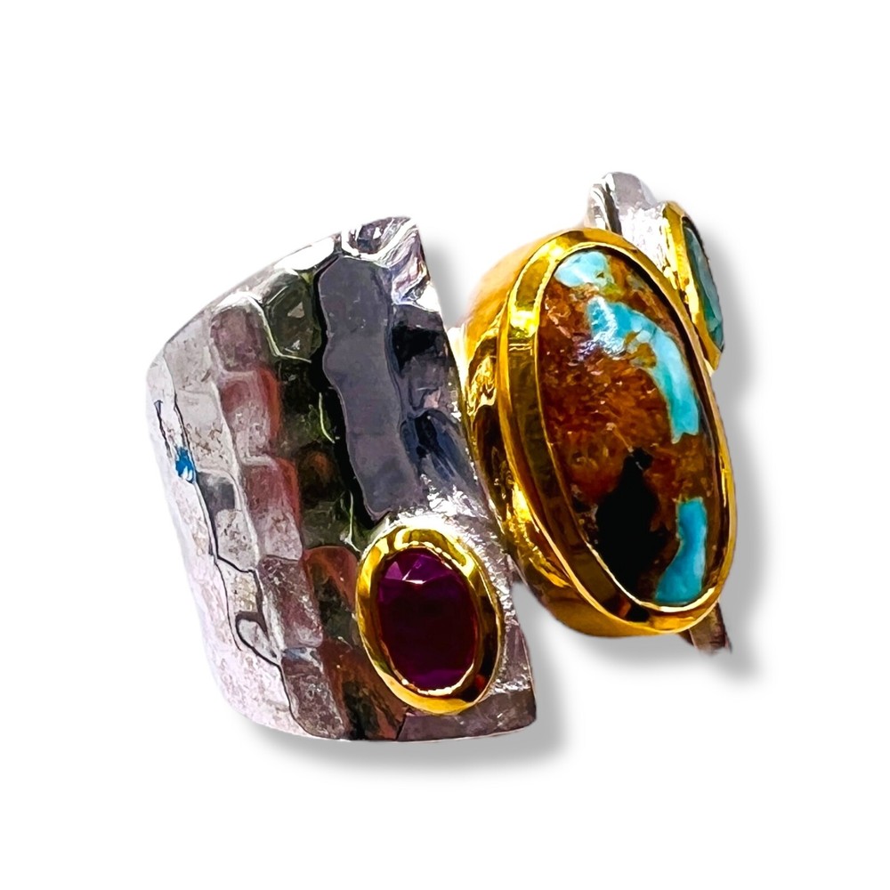 Two Tone Sterling Silver Blue Turquoise Emerald Ruby Ring Handmade -6500