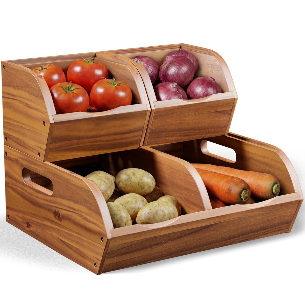 Acacia Wood Pantry Storage Bins – Stackable Open Front Kitchen Baskets for Po...