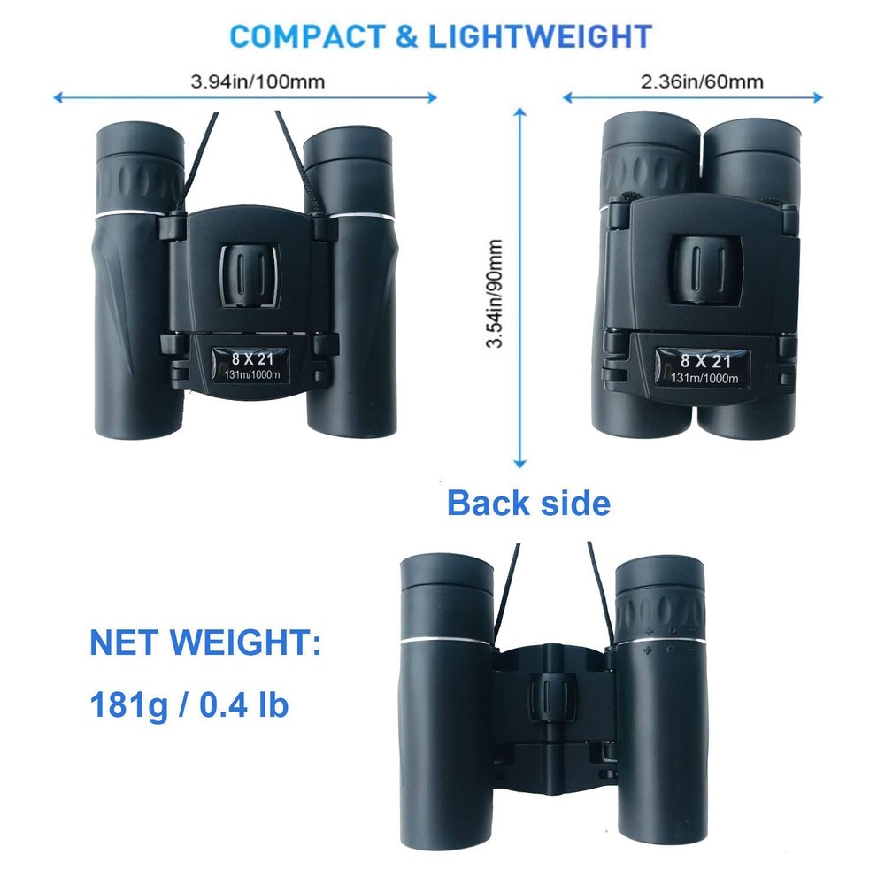8x21 Compact Binoculars for Adults Teens, Mini Small Full Optical Black