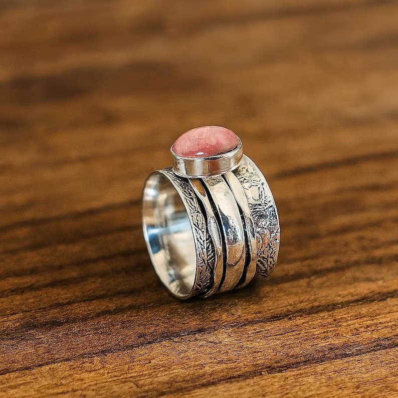 Solid 925 Sterling Silver Rhodochrosite Gemstone Spinner Handmade Women's Ring