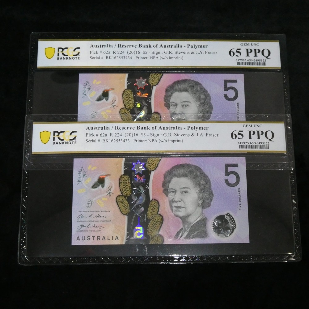 Australia 2016 $5 Consecutive Pair Stevens Fraser Banknotes PCGS 65PPQ #5123