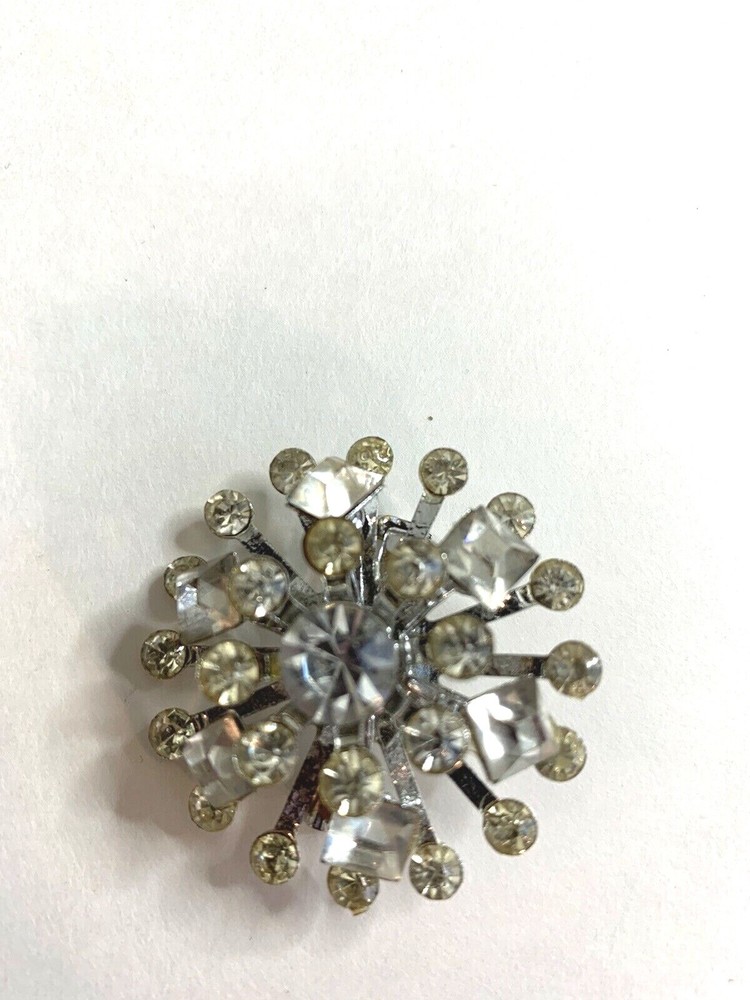 Round Pin Brooch Silvertone CLEAR Rhinestones
