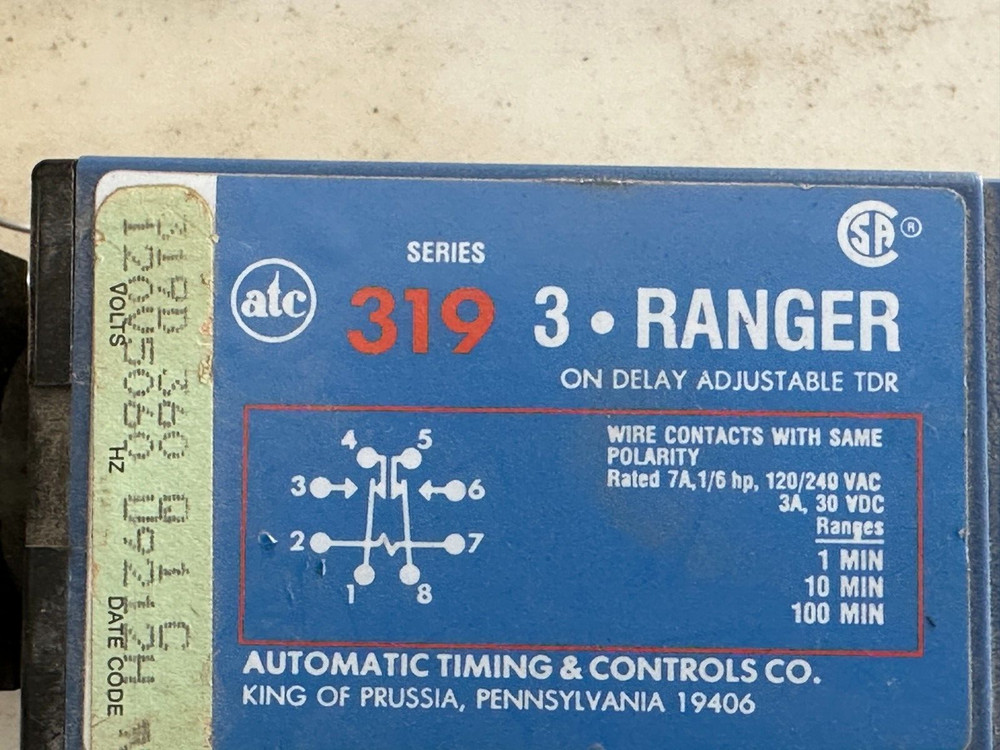 Automatic Timing Controls 319D 3 Ranger On Delay Adjustable TDR w/Socket