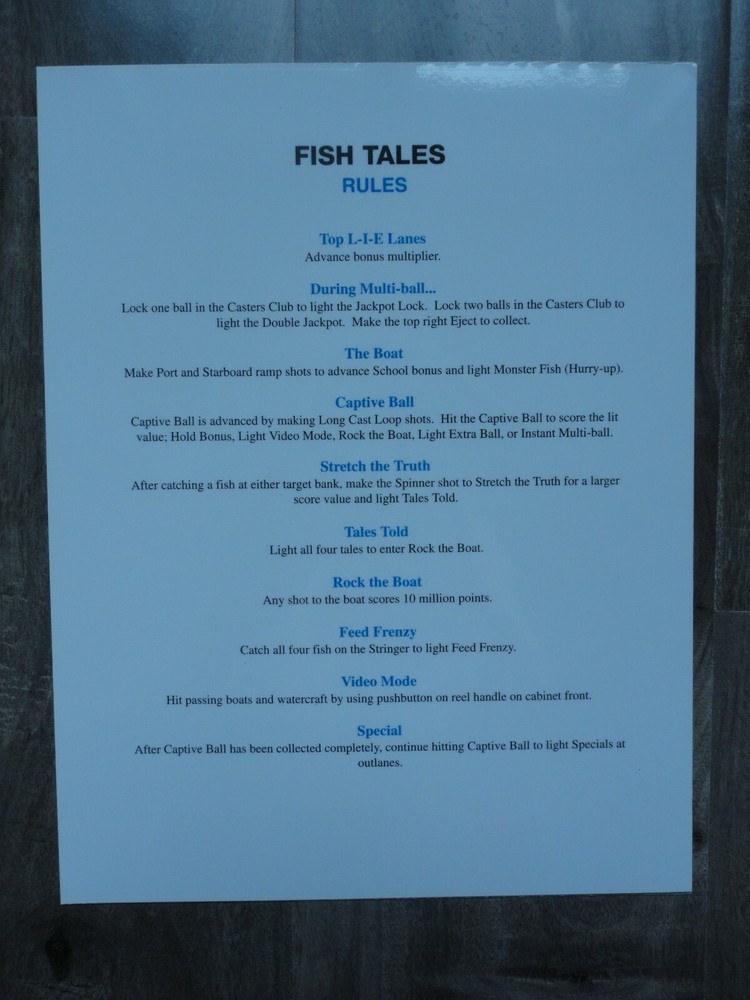 Fish Tales Pinball Machine Rules & Shot Map Mint