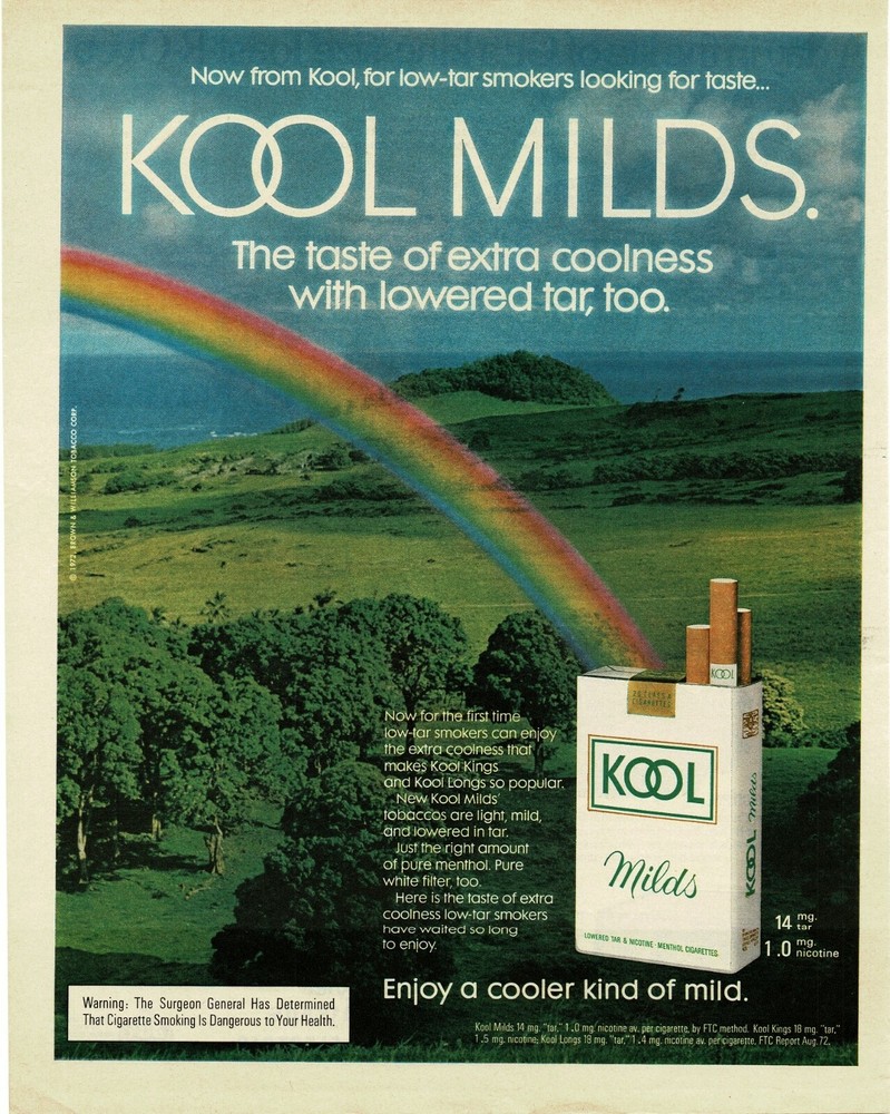 1972 KOOL Cigarettes  Springtime Green Fields Rainbow Vintage Print Ad