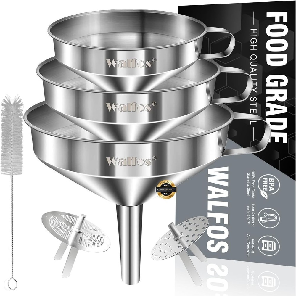 Stainless Steel Funnel, 3 Pack Kitchen Funnel with 2 Removable Strainer ＆ 1Pc...