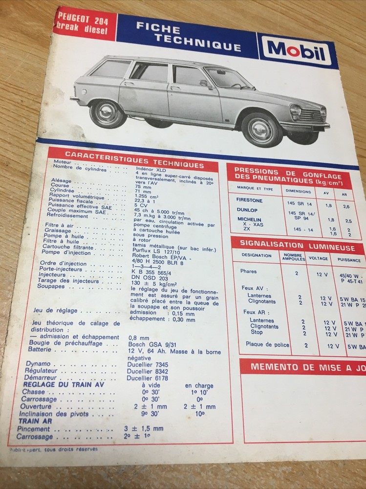 Technical Datasheet Automobile Mobile Peugeot 204 Break Diesel Greasing Care,