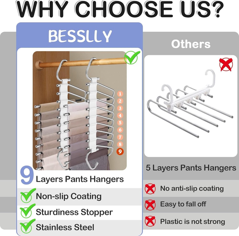 9 Layers Pants Hangers Space Saving 2 Pack Multifunctional Pants Rack Non Slip