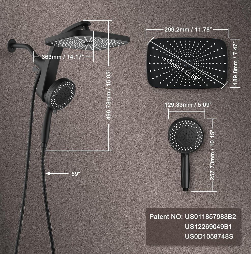 High Pressure Rain Shower Head Combo, Fixed & Handheld, 10 Spray Settings