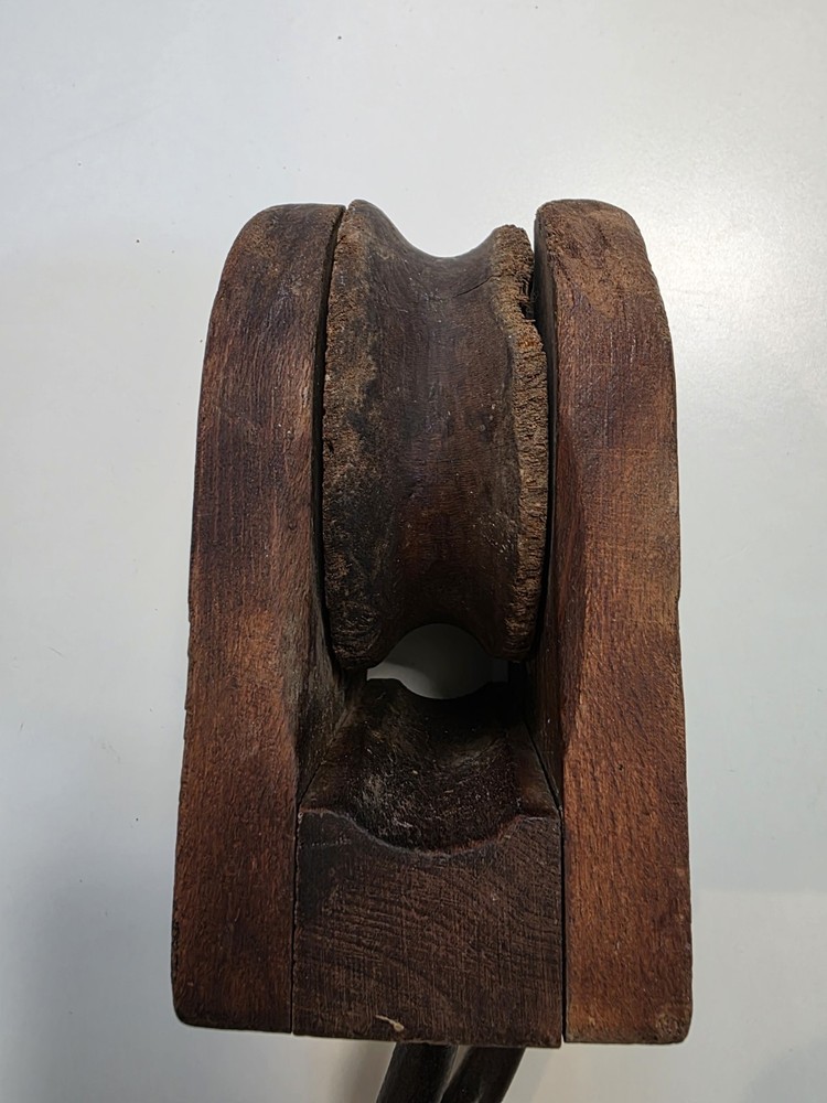 Antique Barn Wood Pully with Iron Hook.