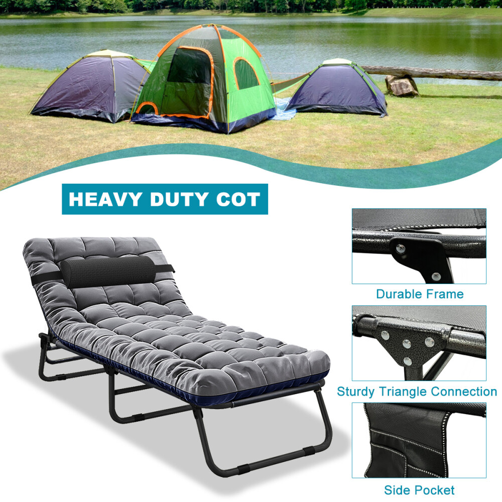 Slsy Adjustable 4-Position Folding Camping Cot Sleeping Cots W/Mat & Headrest